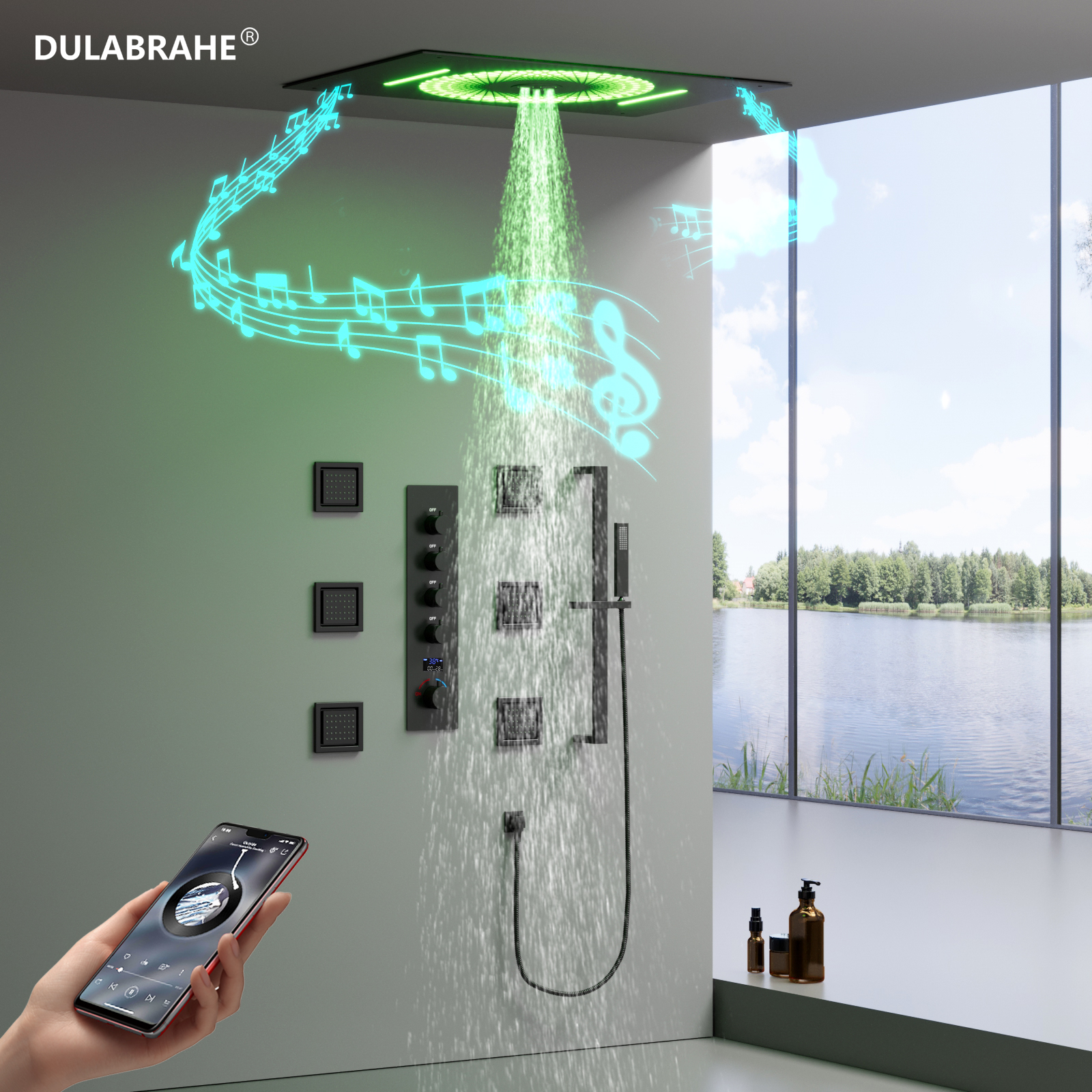 Music Ceiling Color-changing Led Shower Head Recessed Water Column Waterfall Shower Head Temperature Display Hot And Cold Shower Faucet Set