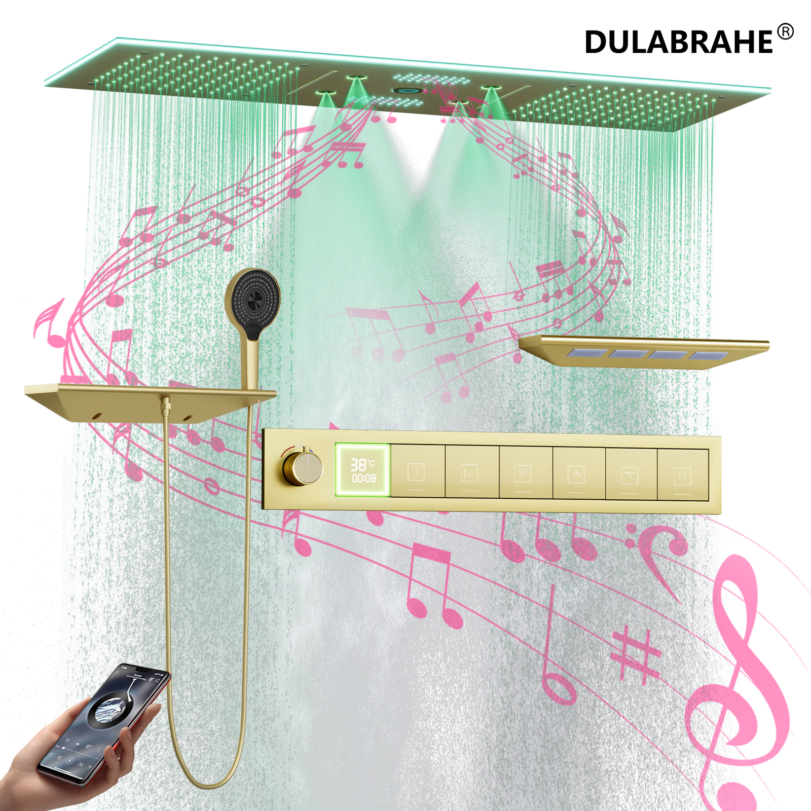 Brushed Gold Bathroom Constant Temperature High Flow Shower Led Light Shower Head with Speaker Waterfall Rainforest System