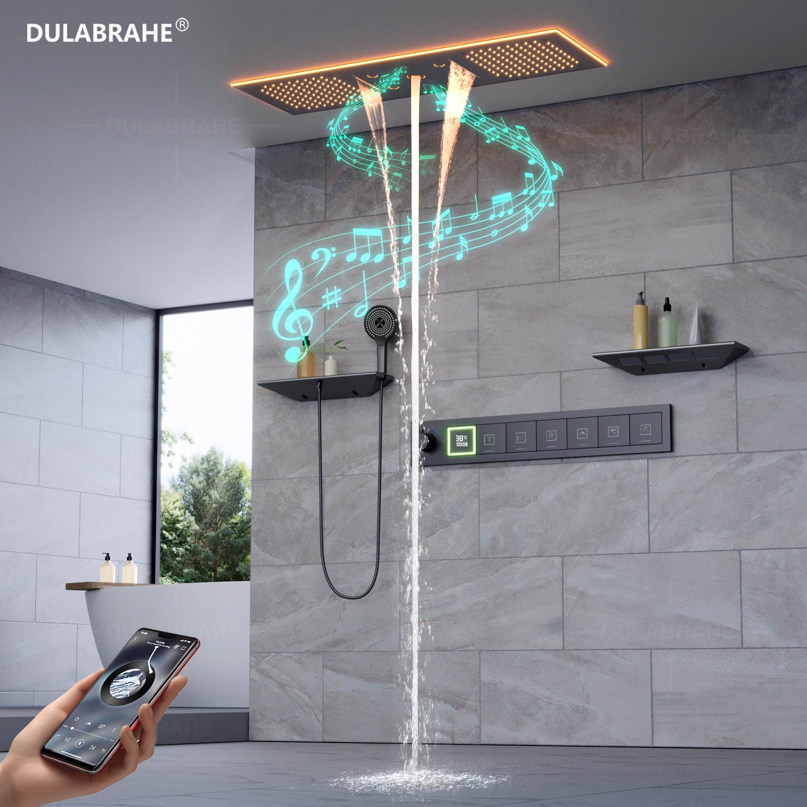 900x300mm Color Led Shower Head Ceiling Mounted Waterfall Rain Mist Thermostat Digital Display Shower Set System
