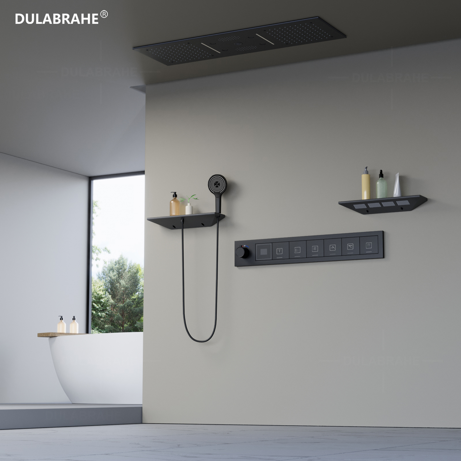 Black Recessed 36*12 Inch Music LED Shower Head Bathroom Constant Temperature Rain Waterfall Shower Head Massage SPA