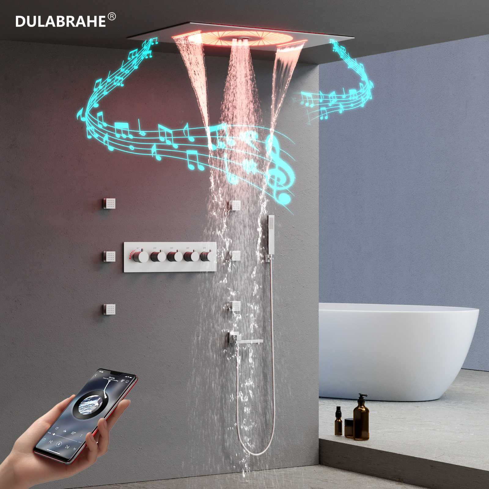 New 600*405mm Rain Waterfall Spray Shower Faucet Bathroom Ceiling LED Music Shower Set items