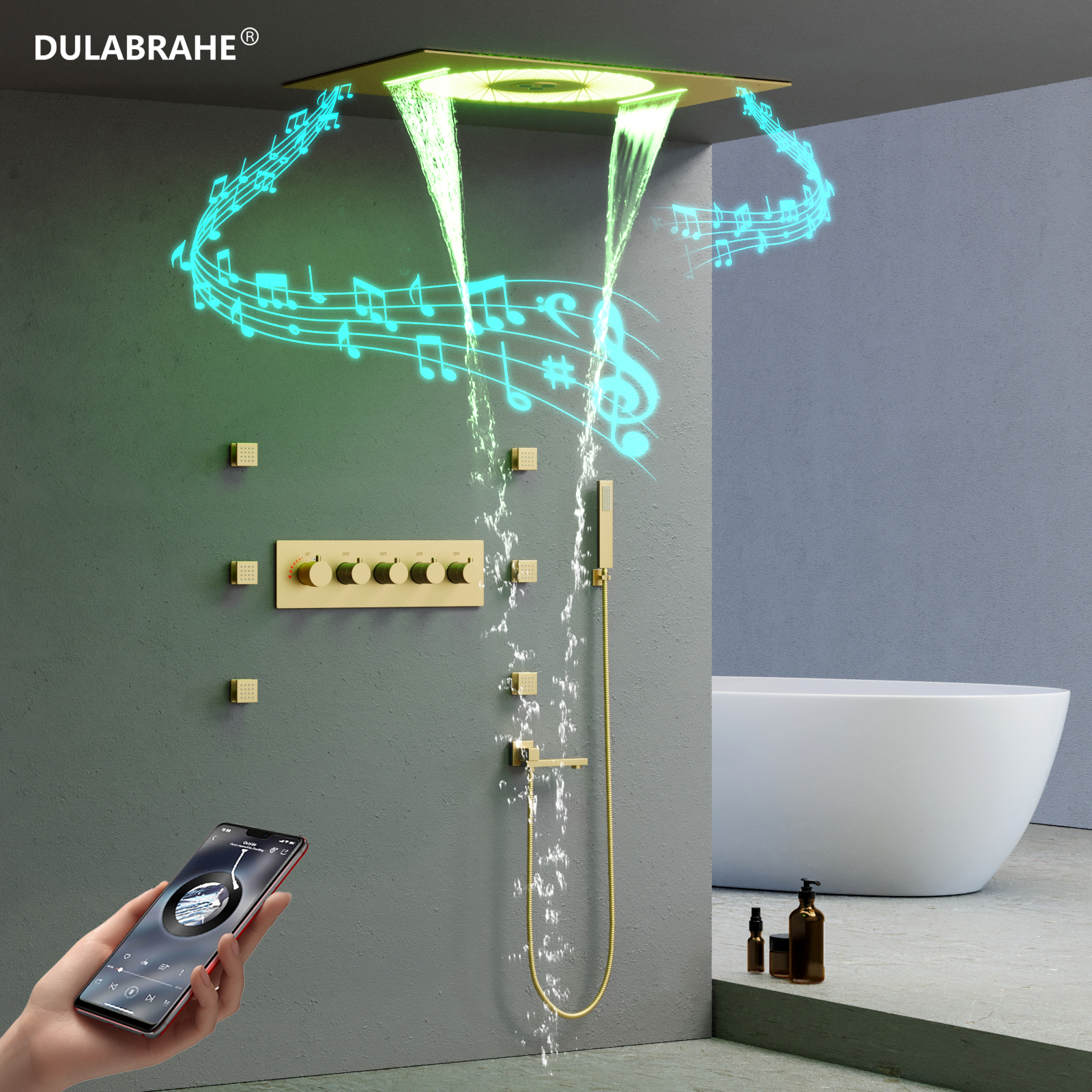 Brushed Gold Brass Shower Thermostat Set, LED Musical Tub Shower Faucet System, Side Spray Head, Massage Spa