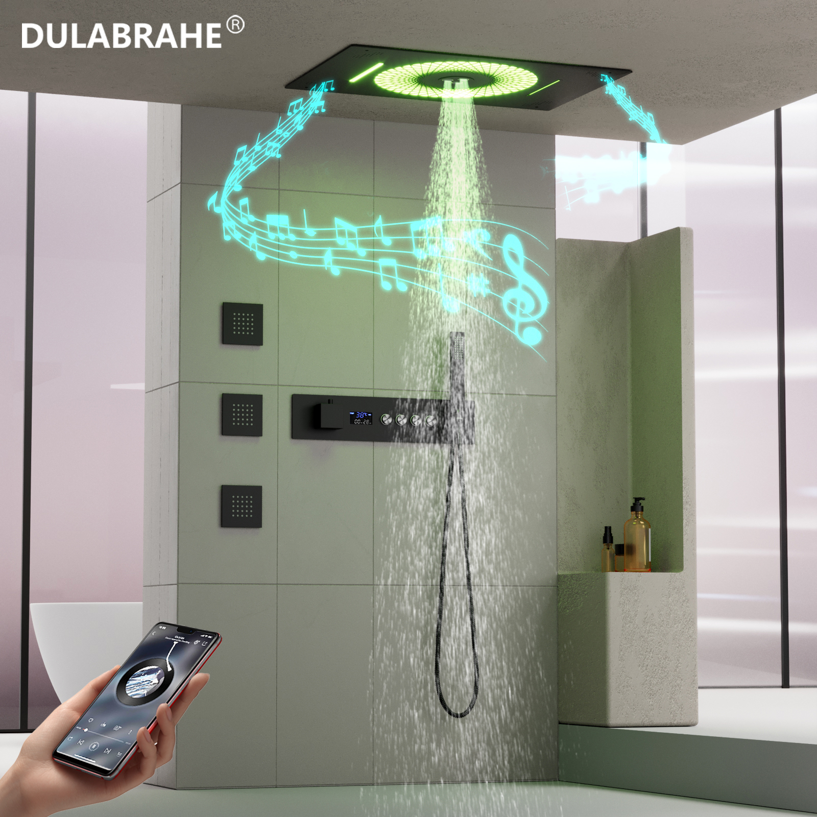 600X405MM Top Spray Shower Head with Music Speakers LED Waterfall Jet Bath Thermostat Shower Faucet Set