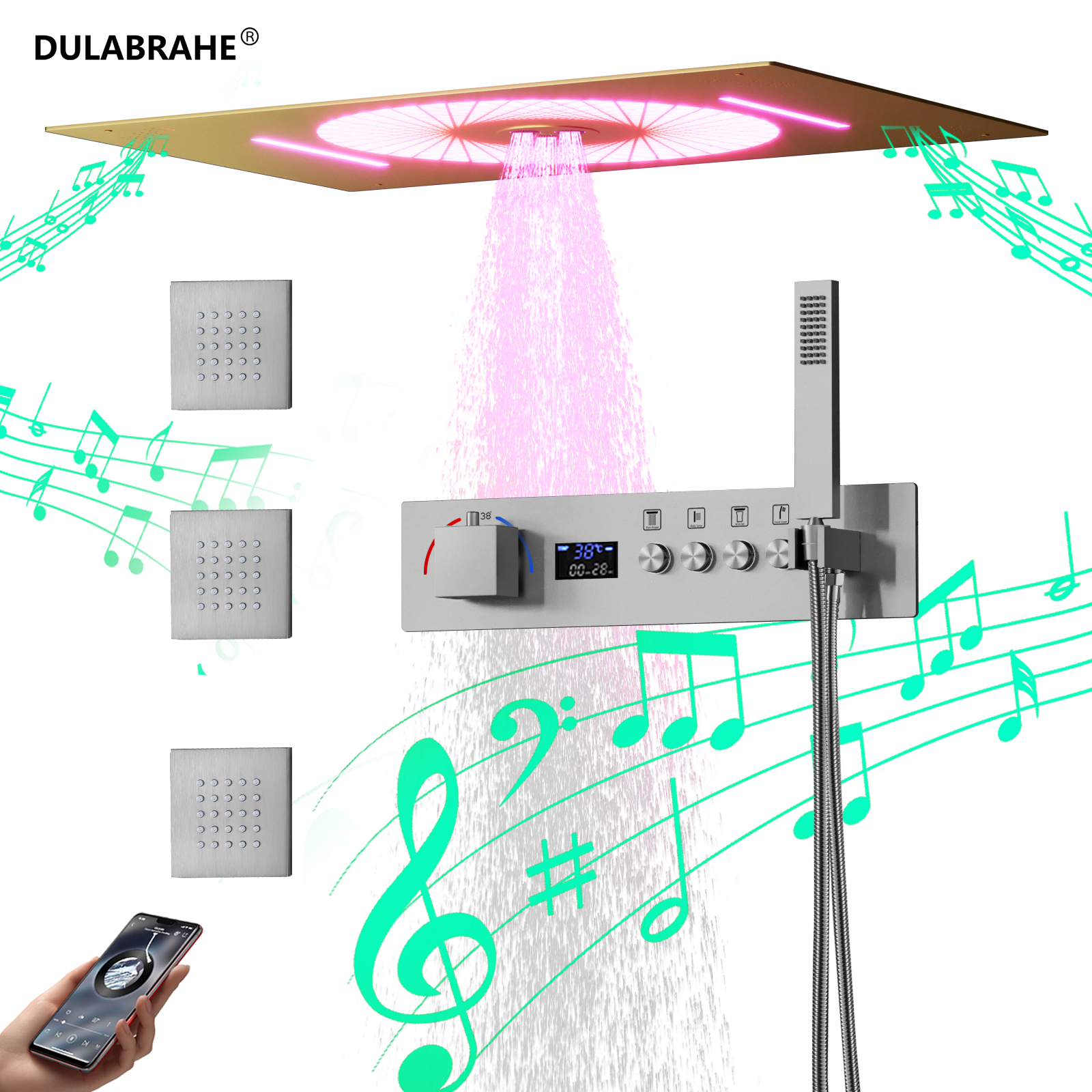 Ceiling Recessed Brushed LED Shower Head with Digital Display Waterfall Column Bathroom Thermostatic Shower Head Set System