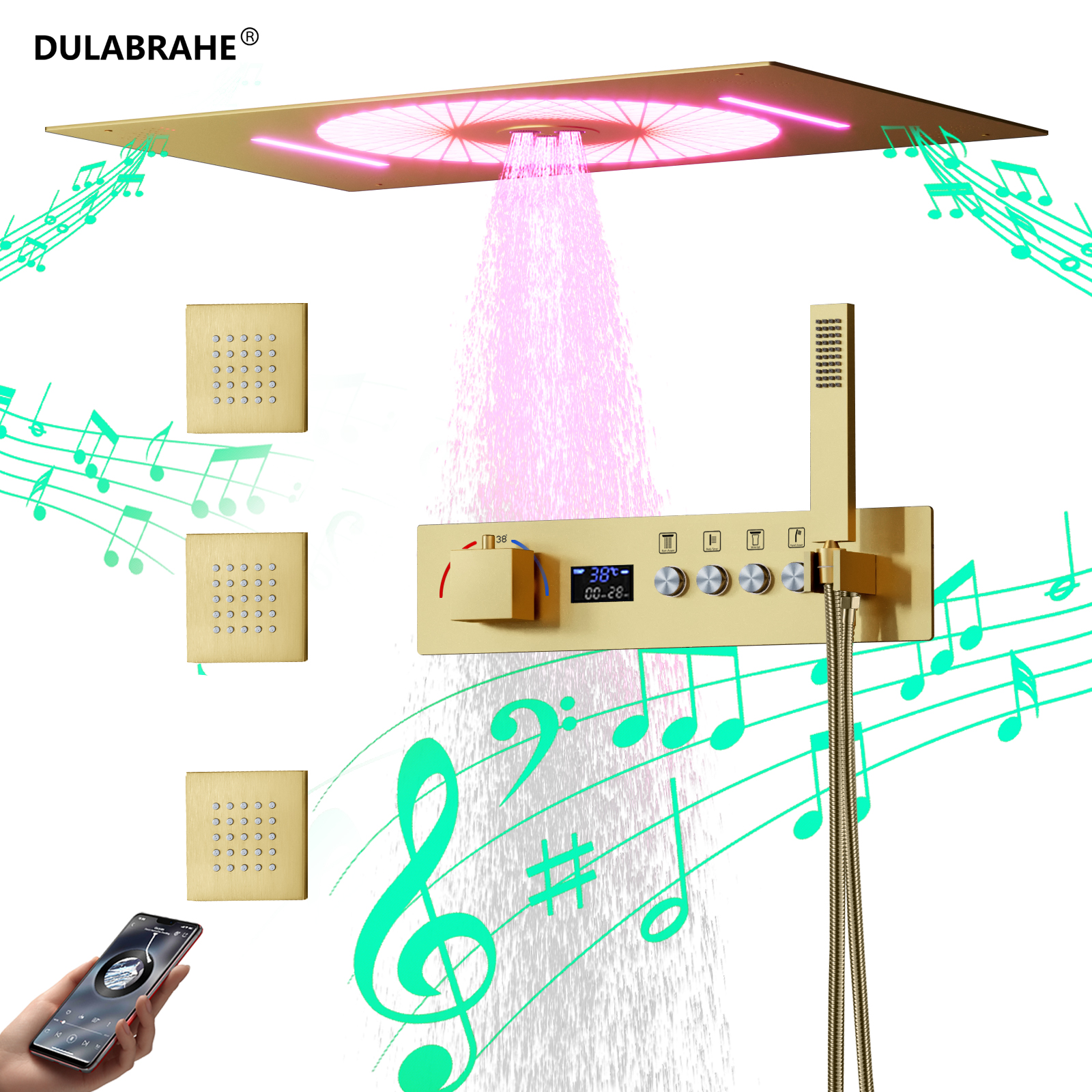 Luxury Square Brushed Gold Thermostatic LED Light Music Water Column Waterfall Head Home Shower Set System Shower Combo Faucet