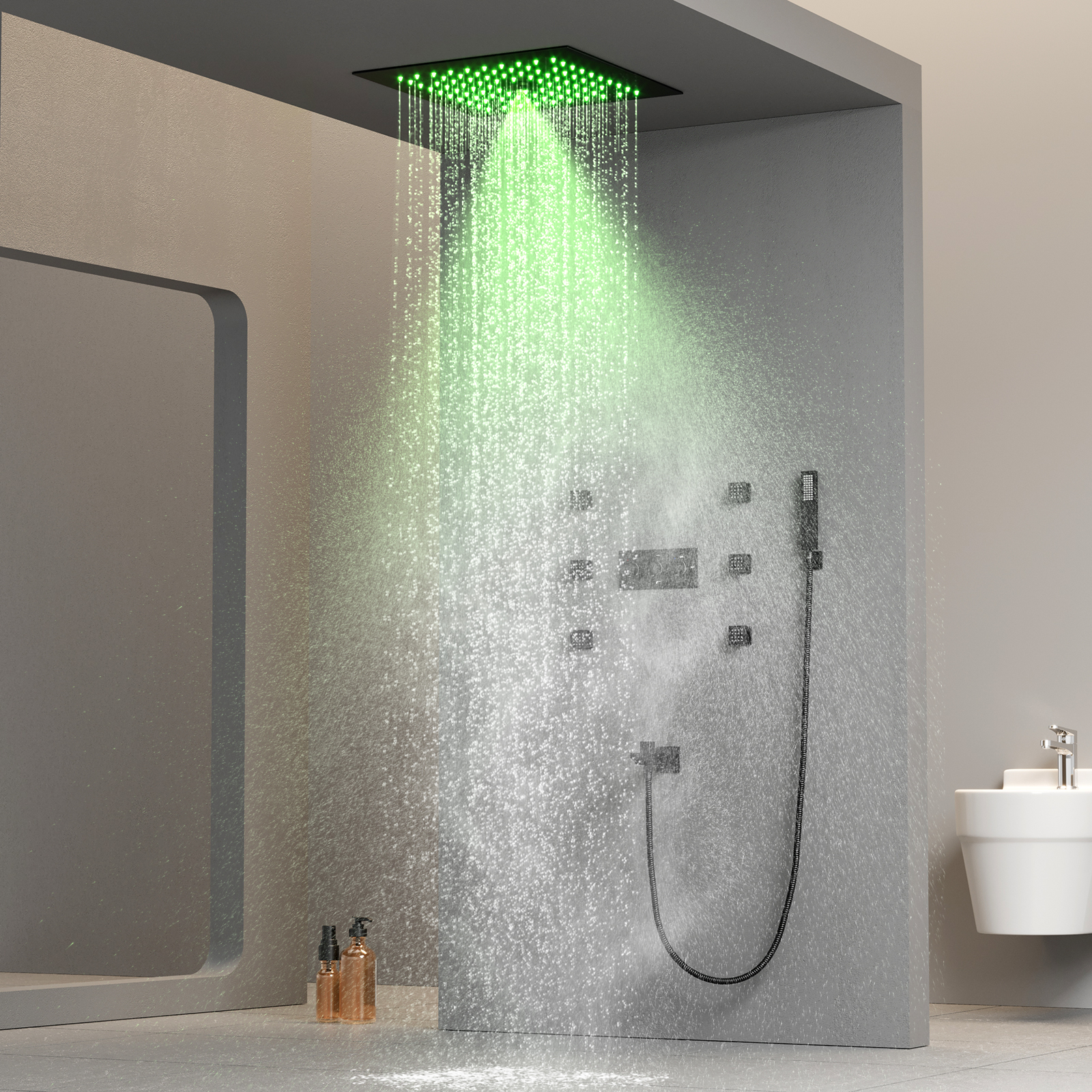 300*300mm Constant Temperature Shower Mixer Valve Rain Shower Head LED Light Shower System Set