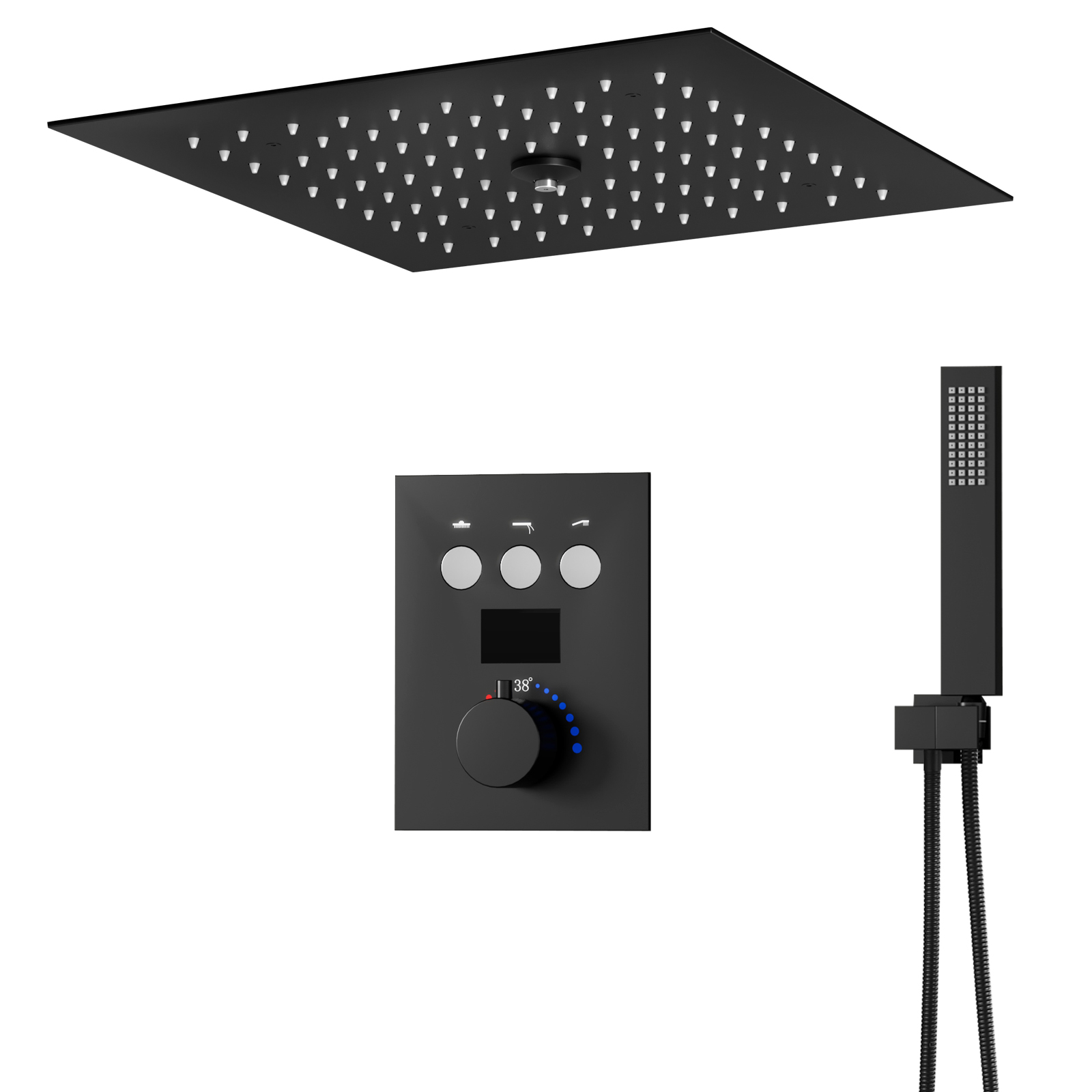 Matte Black Square LED Rain Shower Head Set Bathroom Thermostatic Shower Head System