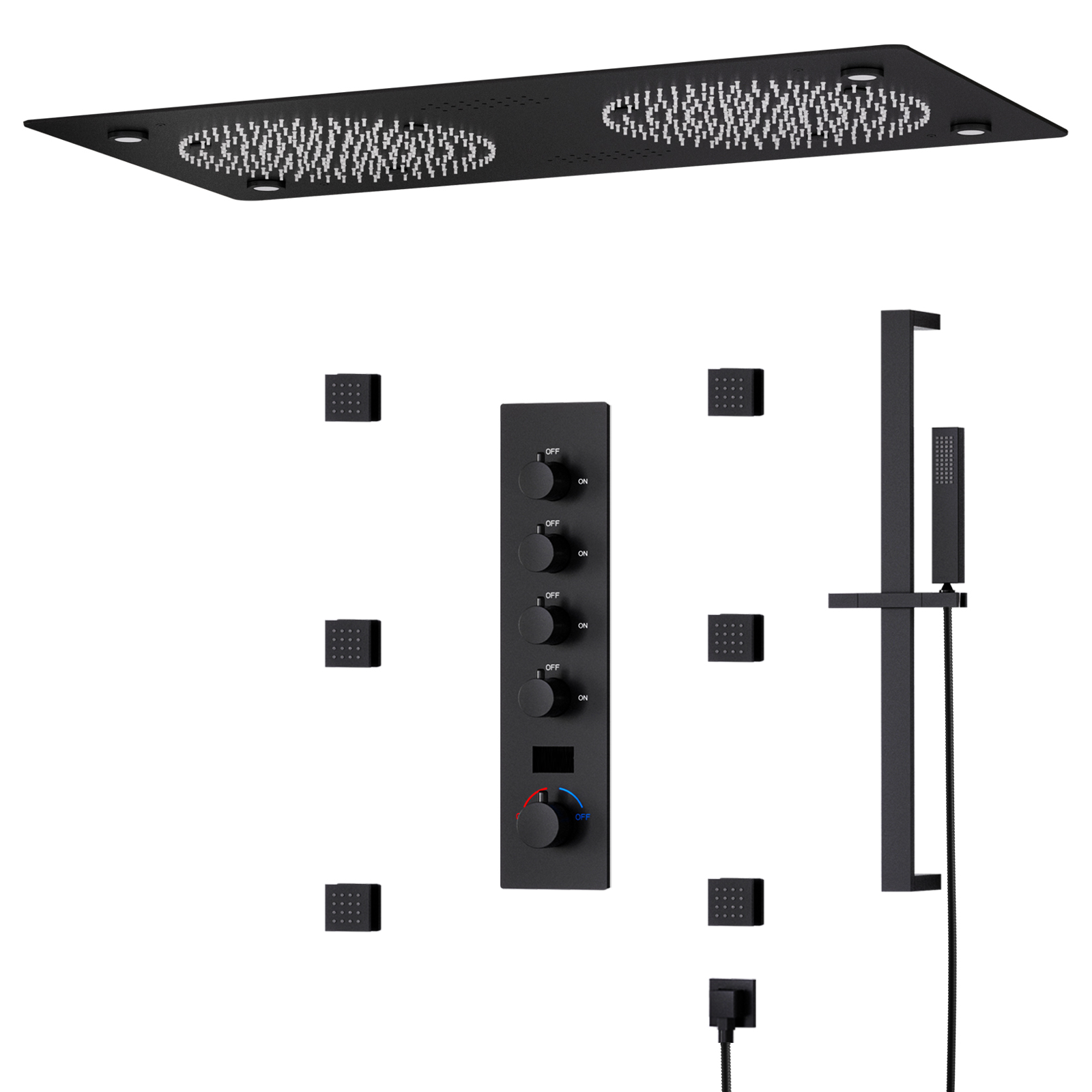 Bathroom Recessed Mounted Brass LED Shower Faucet System 4 Set Shower Head Ceiling Rain Shower with Music