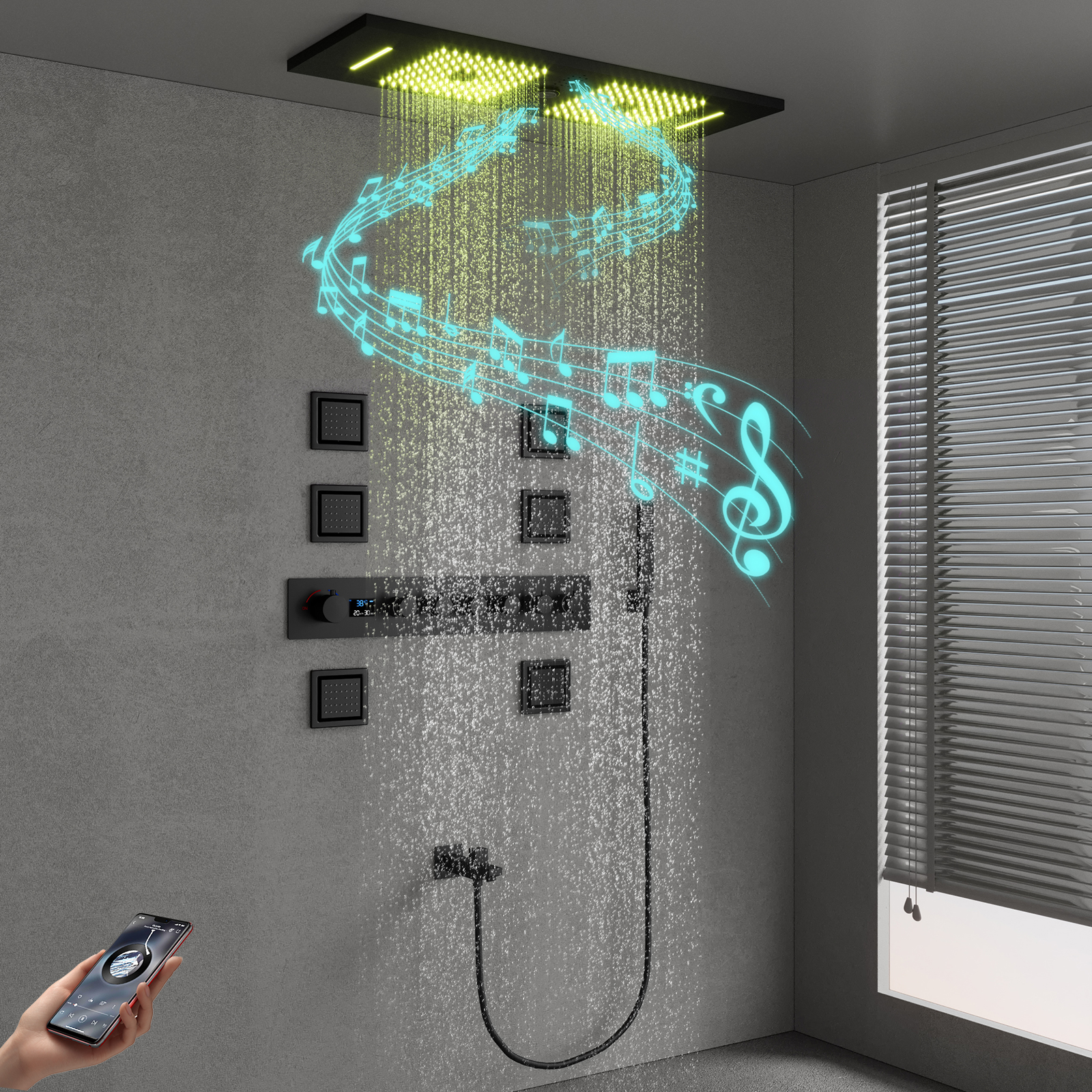 900X300MM Matte Black Bluetooth Music LED Shower Valve System Is Divided into Hidden Shower Set