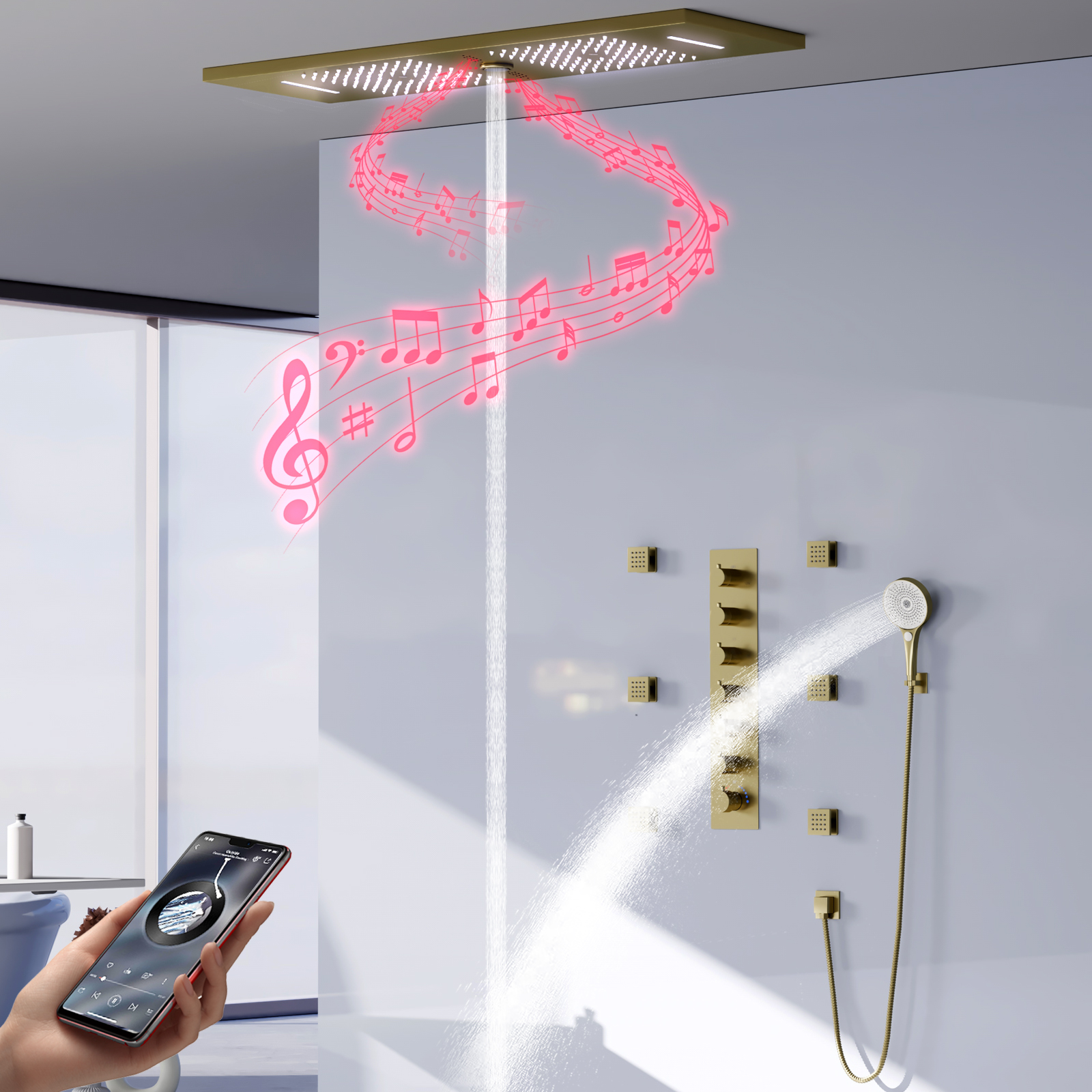 LED Bathroom Brushed Gold Shower Head System Rain Shower Waterfall System Thermostatic Shower Faucet Set