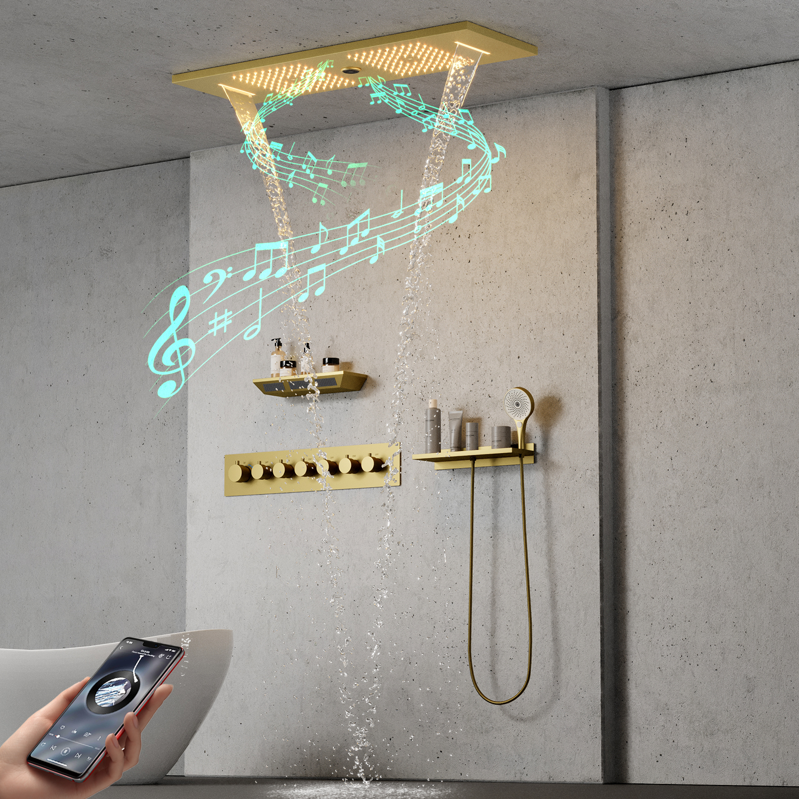 Bathroom Atomized Waterfall Thermostatic Shower Faucet with Shower Body Shower Head And Music Function Rain Shower LED Shower Head