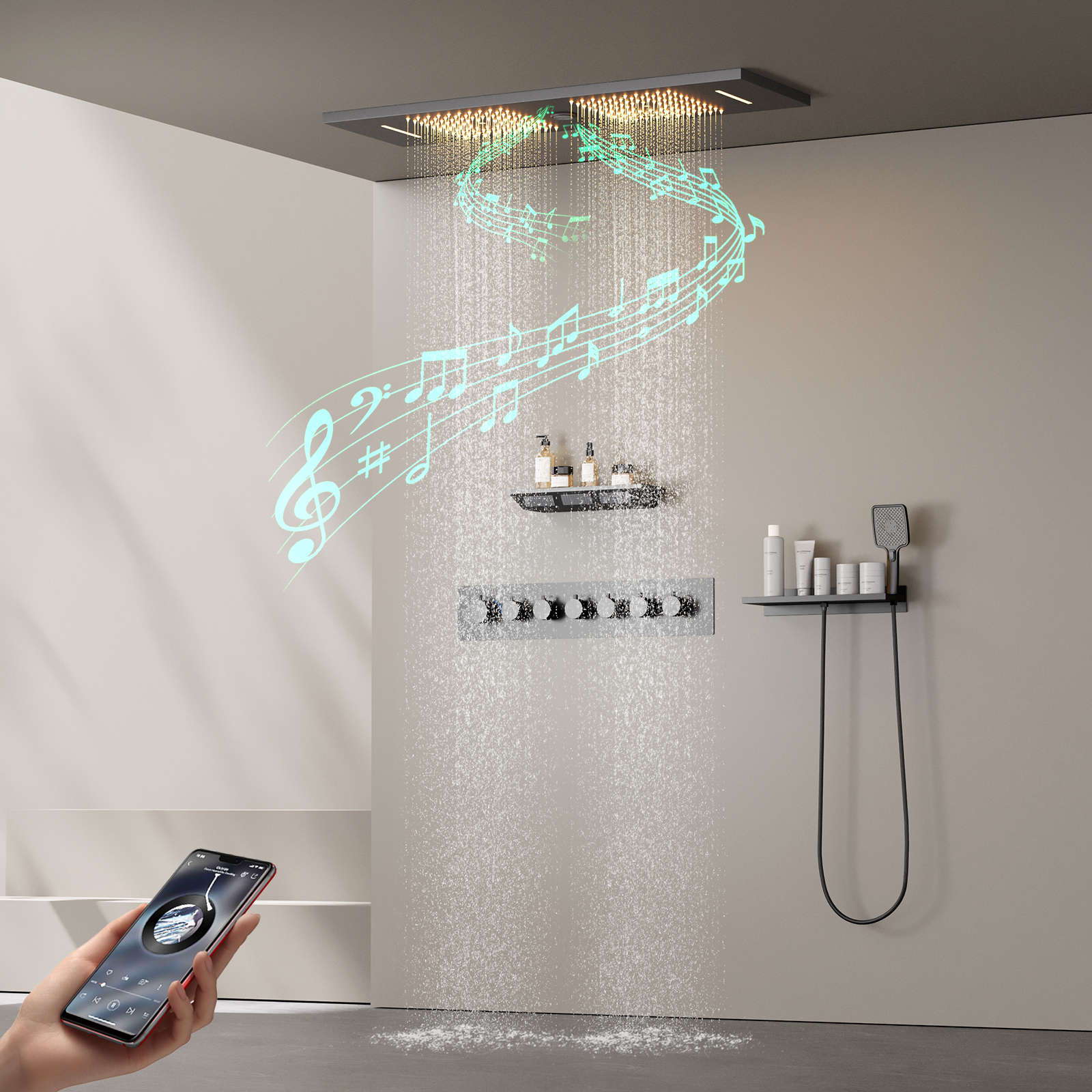 Ceiling Mounted Square Gun Grey LED Music Shower Head Set Rain Spray Thermostat Faucet with Side Showerhead
