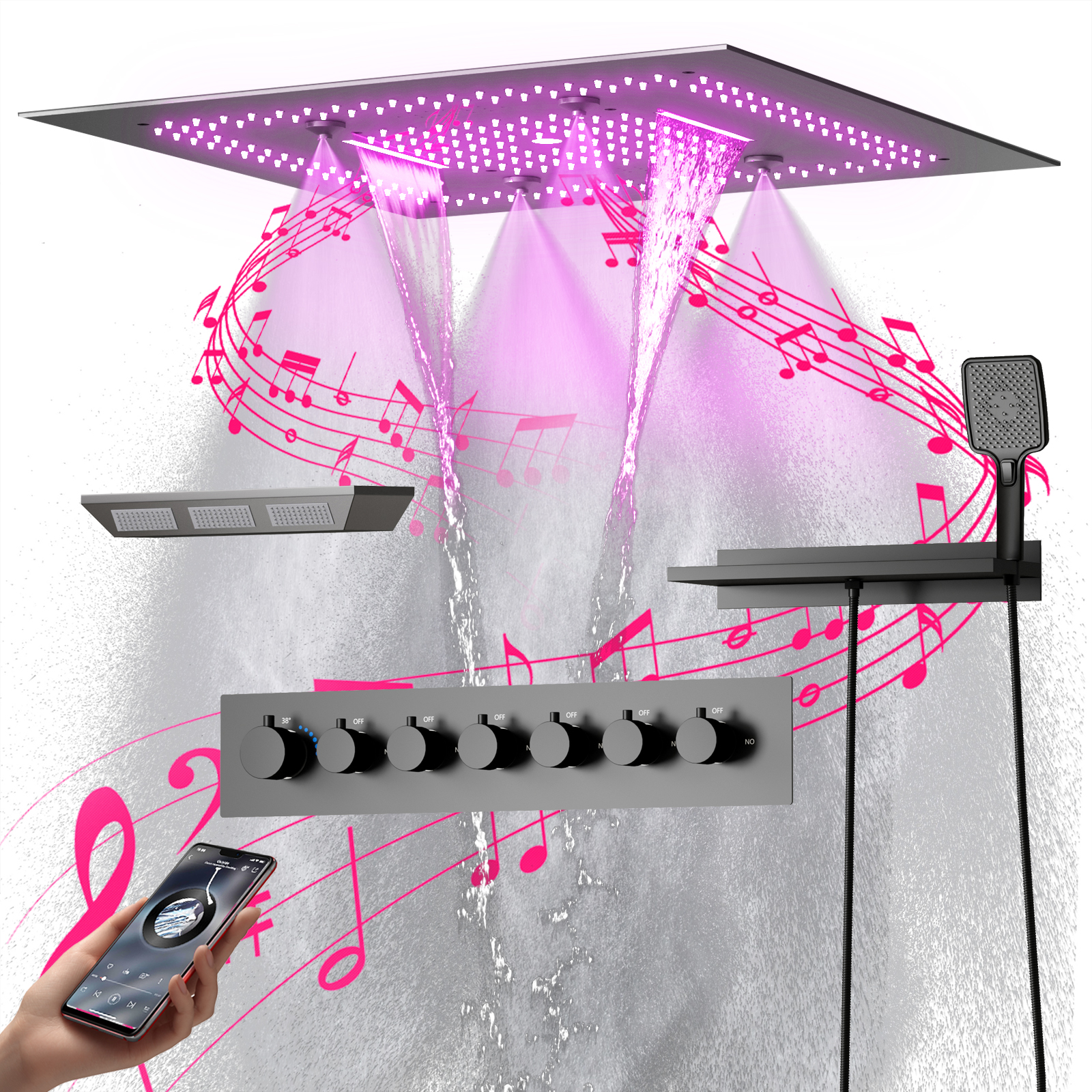 Bathtub Spa Gun Grey LED Shower Head Rain Shower Waterfall Multifunctional Recessed Ceiling Music Shower Set