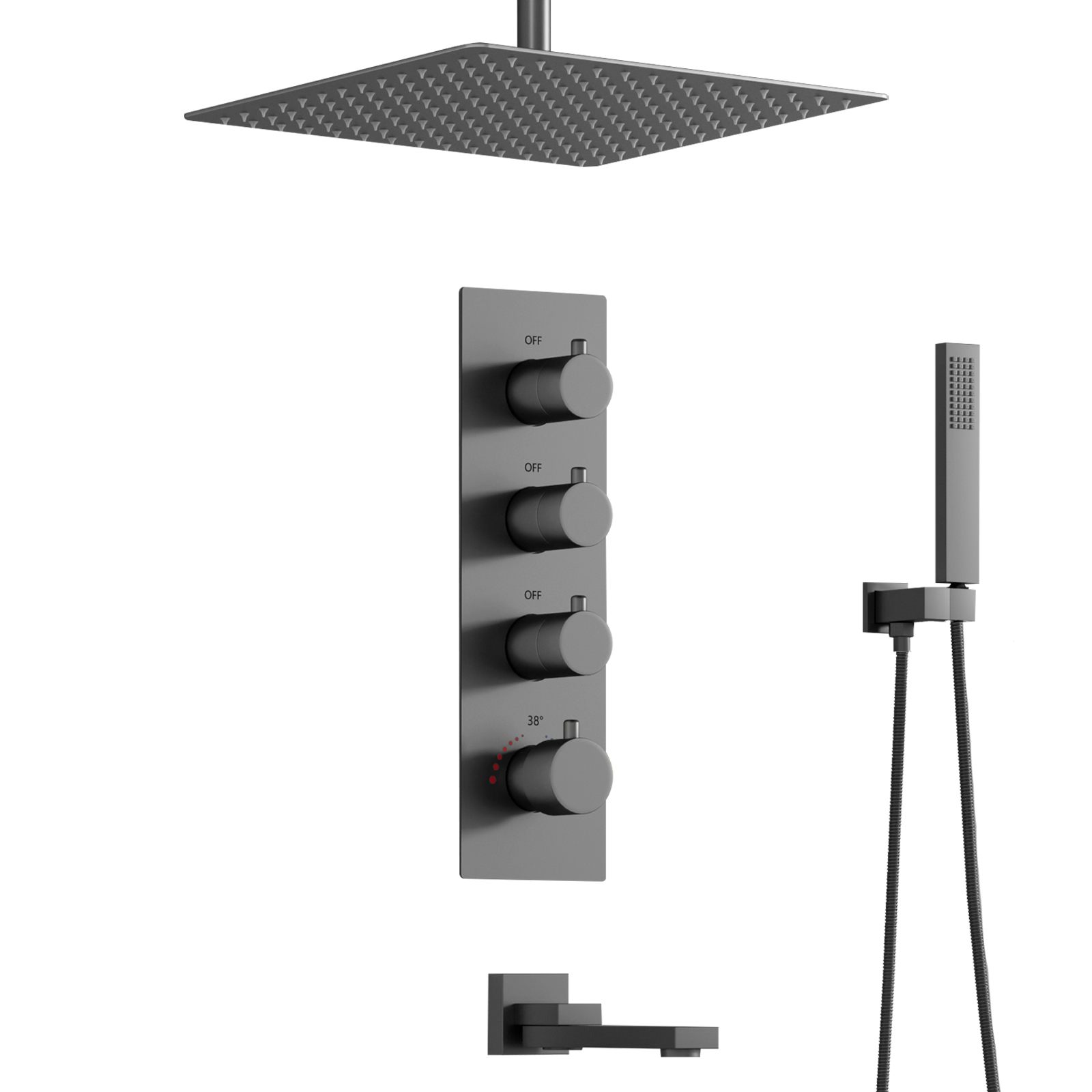 Brass Gun Grey 3 Function Bathroom Rain Shower System with Shower Head And Hose Set