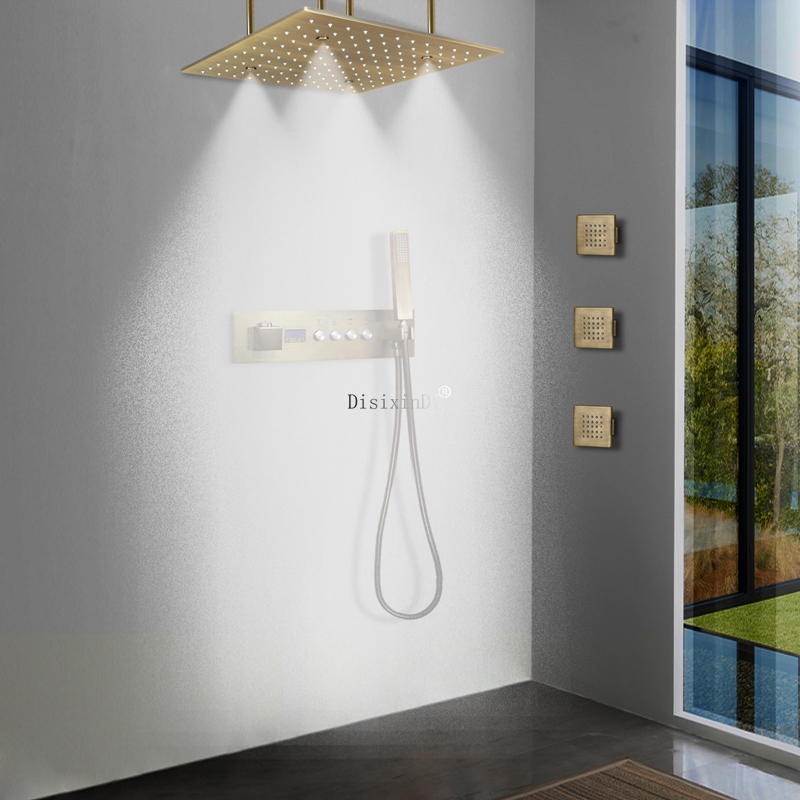 Luxury Bathroom 40*40CM Rain Mist Temperature Controlled Colorful Rain LED Shower Head With LED Digital Display