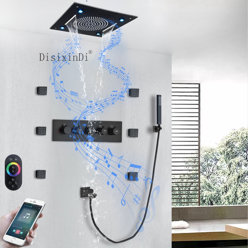 Ceiling Embedded Shower Set 400*400mm LED Shower Head with Music Speaker 5*5cm Body Jet Thermostatic Bathroom Shower System