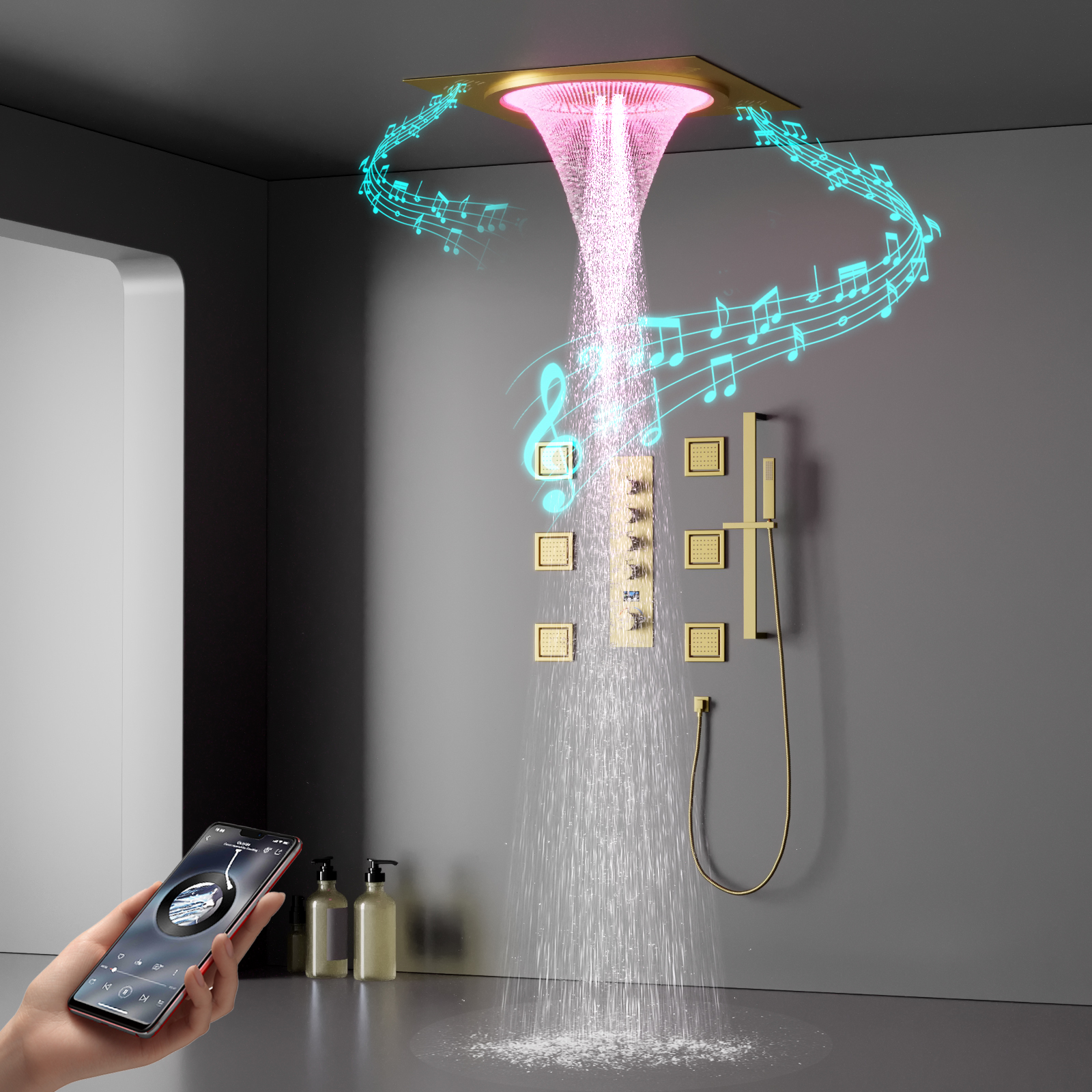 500*500mm Large Smart Shower Ceiling Embedded Bathroom Brushed Gold LED Music Constant Temperature Rain Shower Column