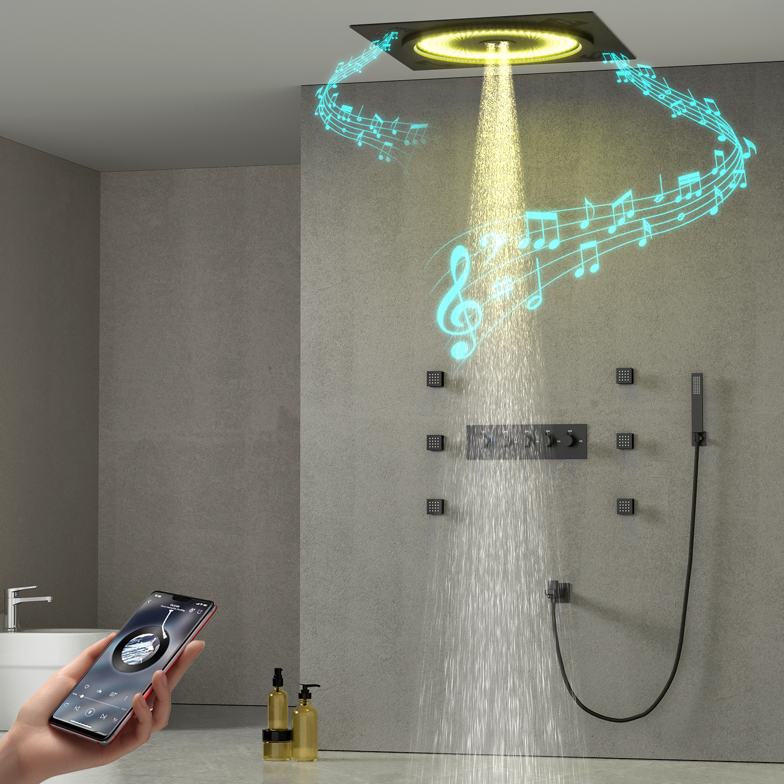 Bathroom LED Music Rain Column Suspended Ceiling Shower Head Concealed Square Shower Head Set