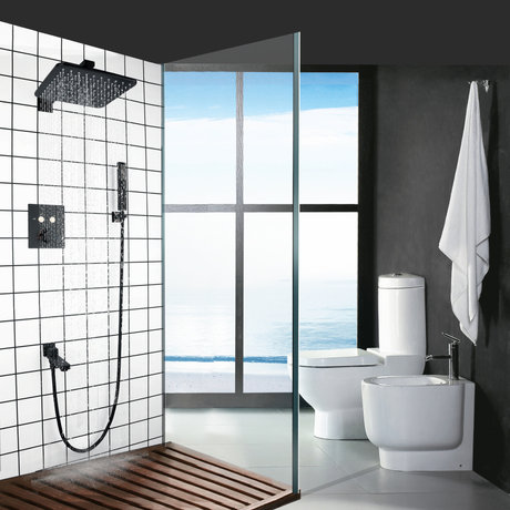 Luxury Matte Black Thermostatic Push Button Bath Shower Mixer Wall Rainfall With Hand Hold