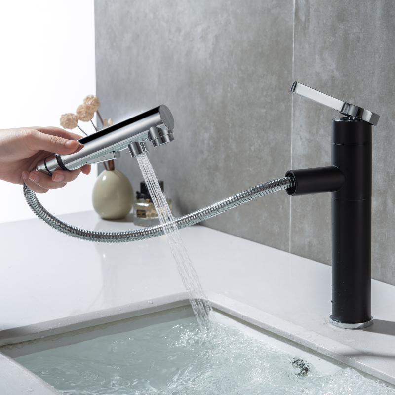 Bathroom Hot And Cold Polished+Black Luxurious Ware Basin Faucet Sink Tap Pull Out Faucet