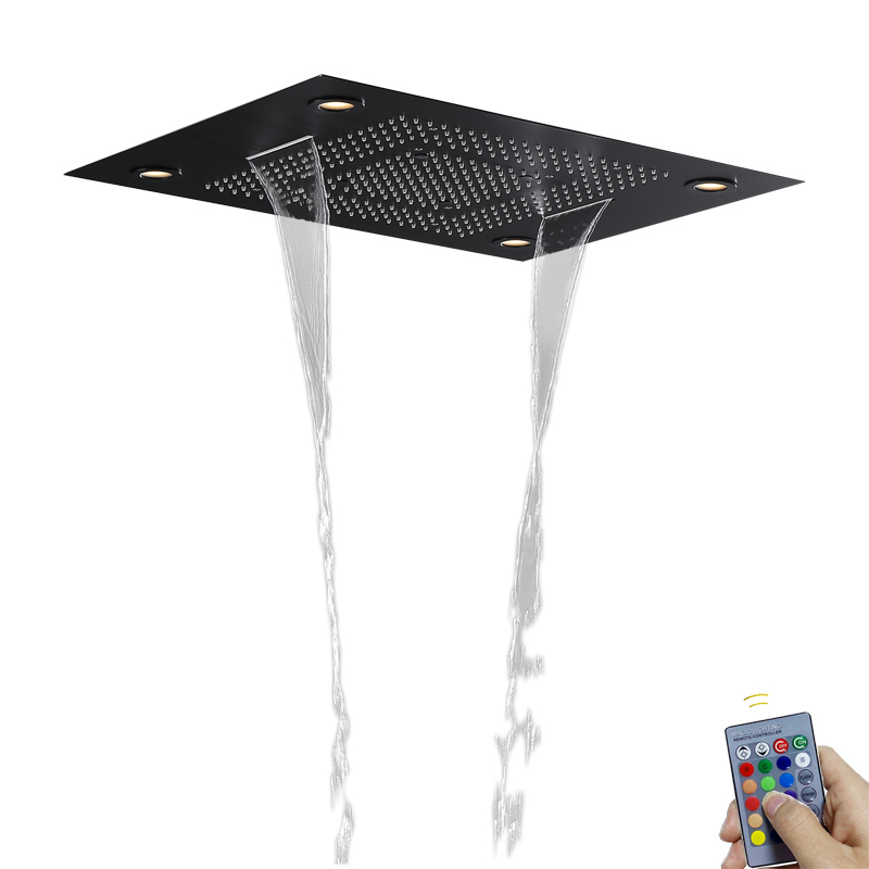 Matte Black 80X60 CM Bathroom Multifunction Shower Head With LED Control Remote Panel Shower Waterfall Atomizing Bubble