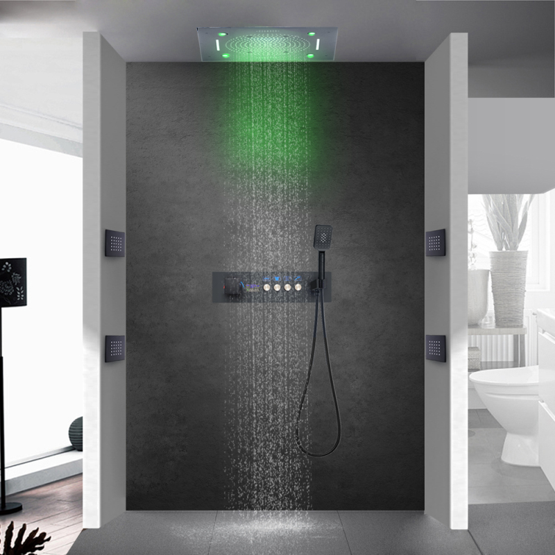 Matte Black Bath Concealed Shower Mixers Thermostatic Digital Display Bathroom Shower Speaker Waterfall Spa Shower Body Jets