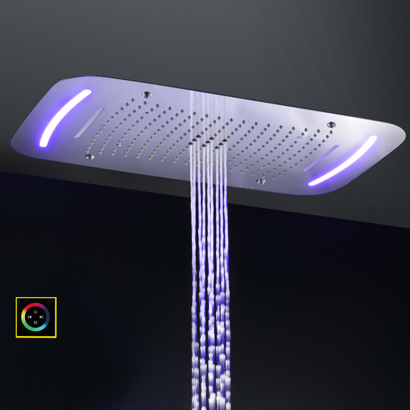 Chrome Polished 71X43 CM Shower Head With LED Control Panel Bathroom Waterfall Rainfall Atomizing Bubble