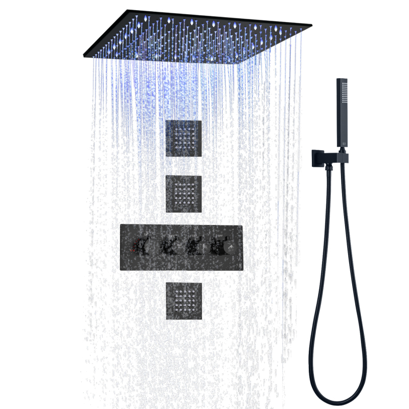 Matte Black Shower Mixer Set 16 Inch LED Bathroom Thermostatic Rainfall Concealed Shower System With Hand-Held Nozzle