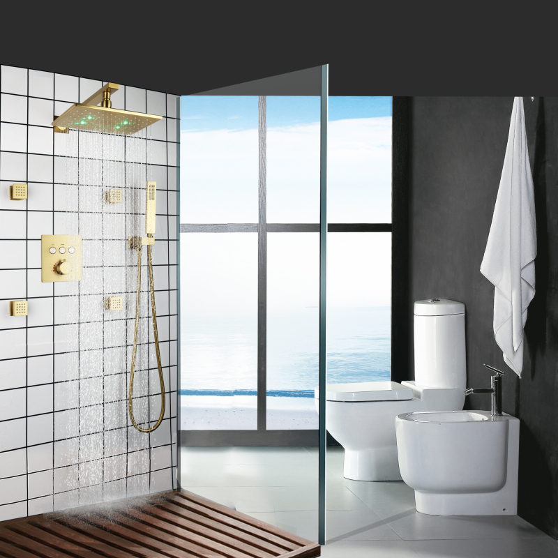 Brushed Gold Bathroom Shower Faucet LED 3 Color Thermostatic Shower Set With Body Jets Massage Shower