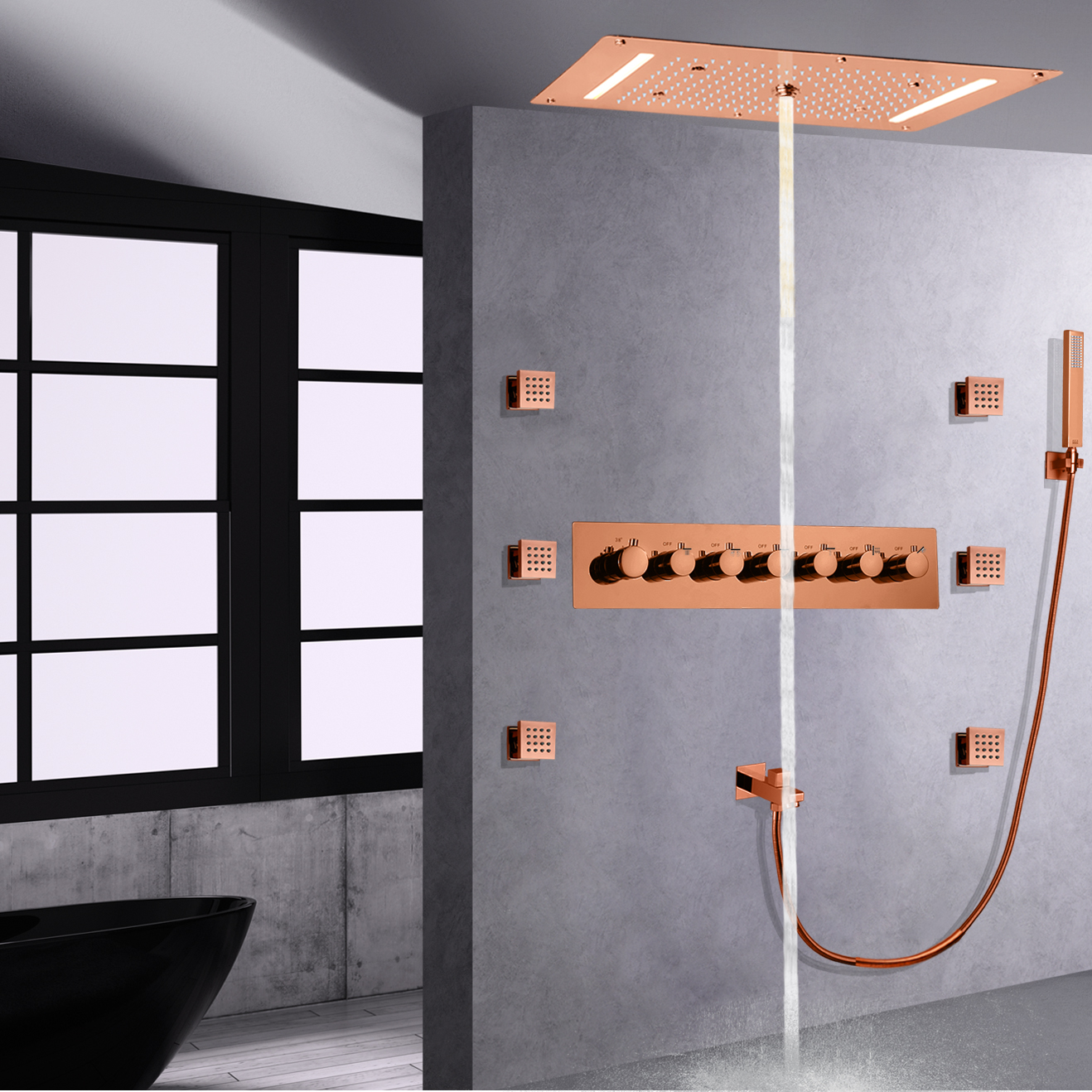 Rose Gold LED Shower System With Handheld Sprays Thermostatic Shower Faucet Panel Rainfall Shower Head Handheld Spa