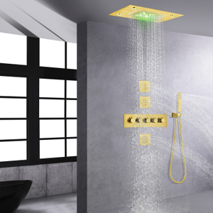 Brushed Gold Thermostatic Shower Set 14 X 20 Inch LED Modern Bathroom Waterfall Shower