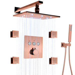 Rose Gold LED Shower Head With Handheld Spray Wall Mounted 8 X 12 Inch Thermostatic LED Rainfall Shower System