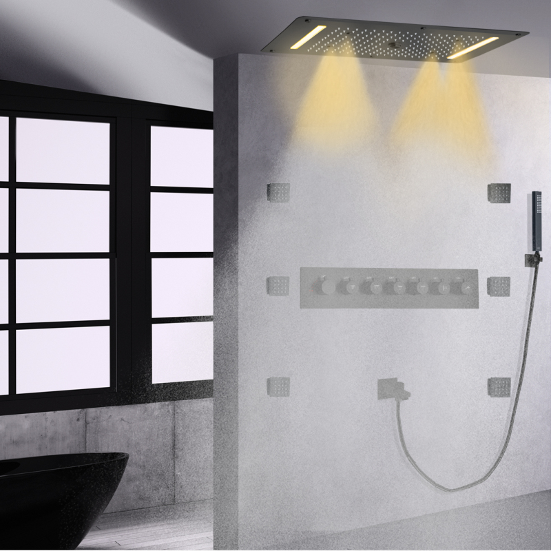 Matte Black Shower System 70X38 CM LED Bathroom Thermostatic Multifunction Shower Set With Handheld