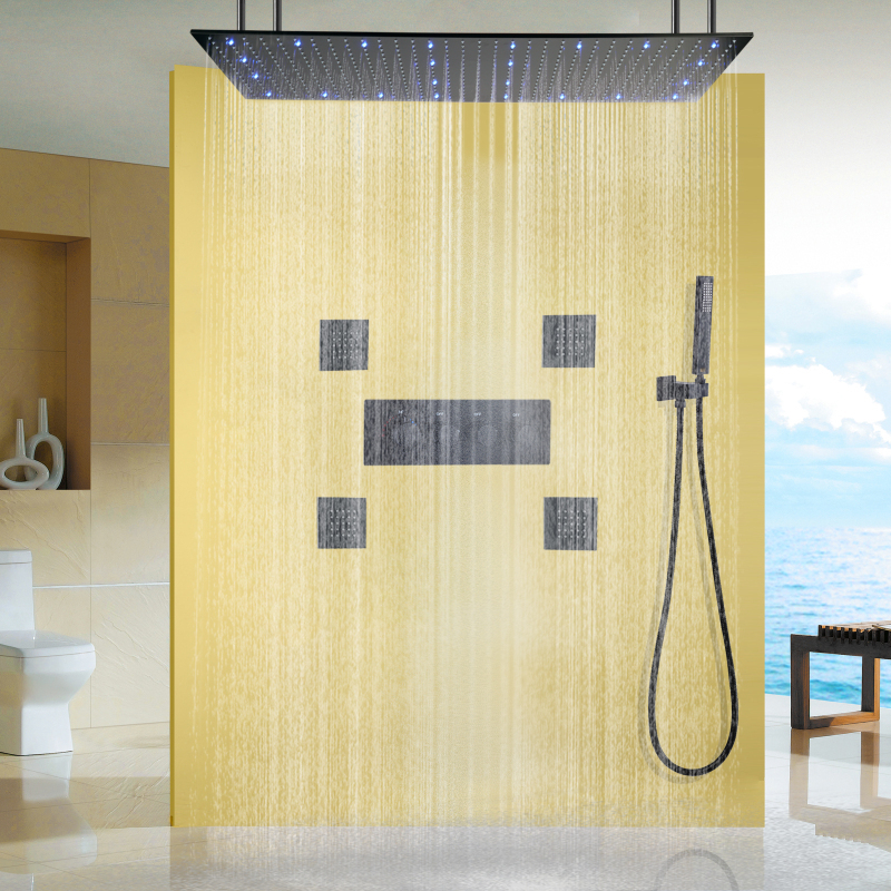 Matte Black Thermostatic Shower Faucets Set 100X50 CM With 3 Color Temperature Changing Bathroom Adjustable Shower Head Holder
