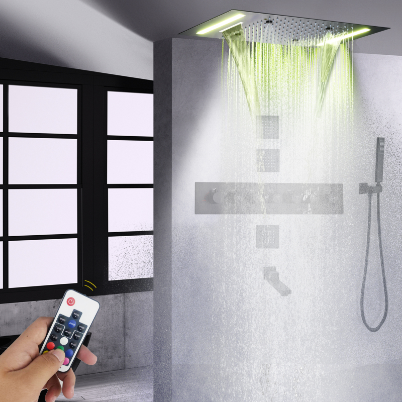 Matte Black Thermostatic Shower Head 50X36 CM With LED Control Panel Bathroom Multifunction Waterfall Rainfall Atomizing