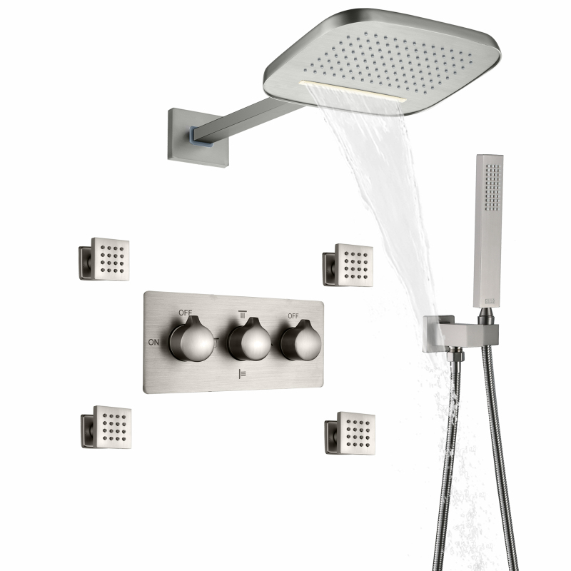 Brushed Nickel Wall-Mounted Bathroom Rain Shower Waterfall Rainfall Shower Set Cold And Hot Brass Handheld