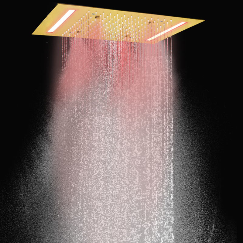 Luxury Brushed Gold 50X36 CM Rain Shower Mixer 7 Colorful LED Bathroom Bifunctional Rainfall Atomizing