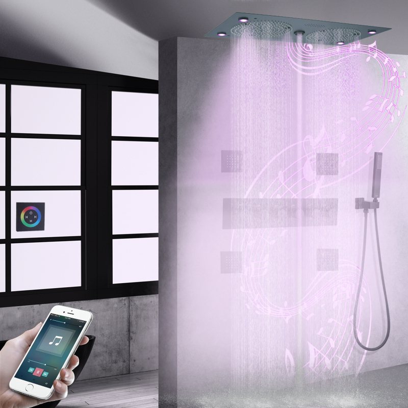 Matte Black Thermostatic Shower Faucet Set 620*320mm LED With Music Features Bathroom Showers Combo Set With Handheld