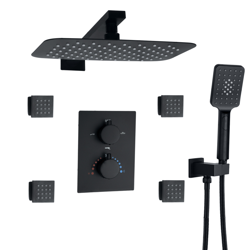 Matte Black Bathroom 3 Kinds Of Shower Rainfall Overhead Shower Systems Faucet Hot Cold Shower Head Set