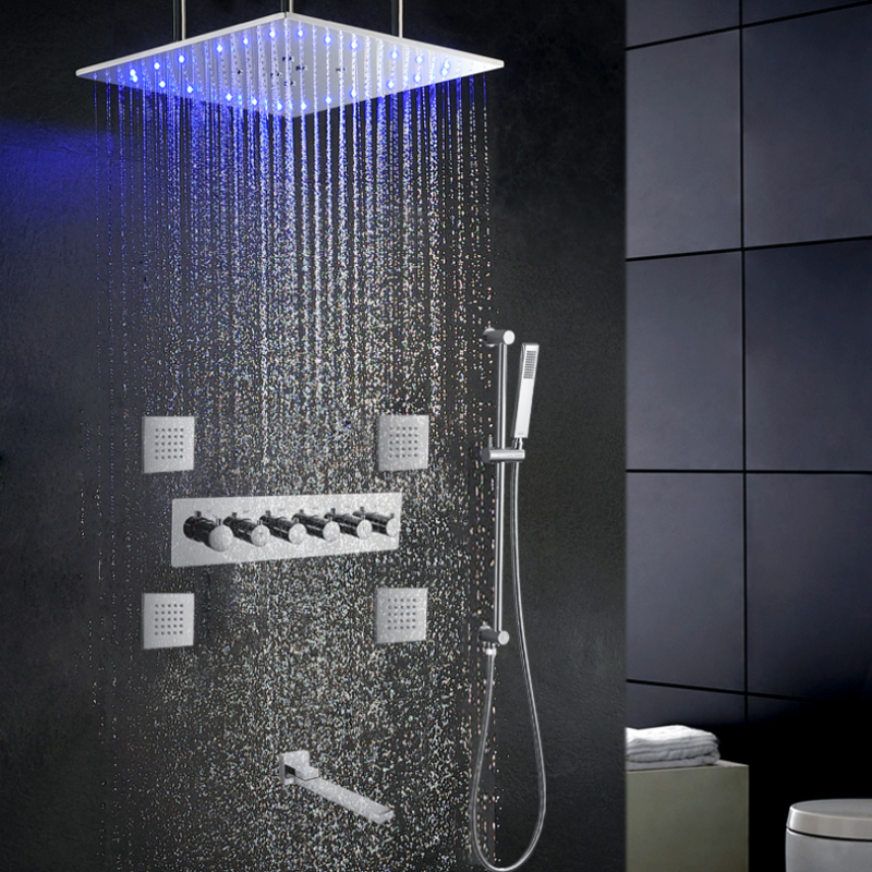 Chrome Polished Thermostatic LED Shower Set 20 Inch Ceiling Mounted Shower System With Handheld Spray Spa Body Jets