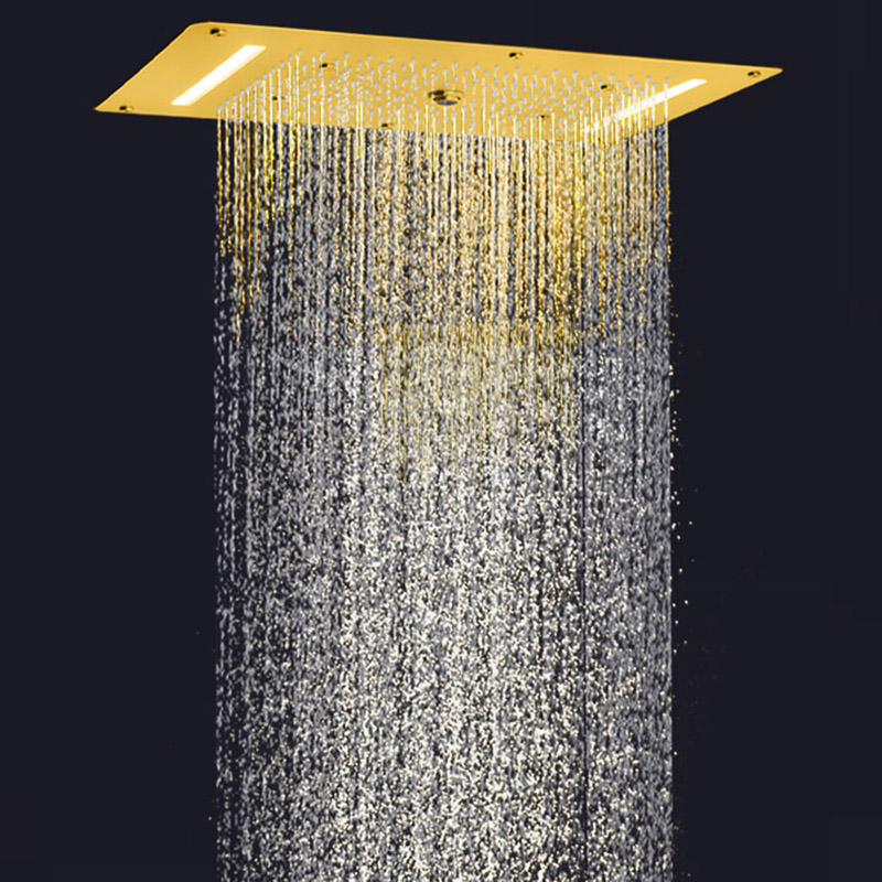 Brushed Gold Shower Mixer 70X38 CM LED Luxury Bathroom Multifunction Waterfall Rainfall Atomizing Bubble