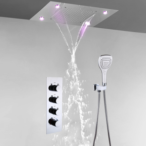 Chrome Polished Shower Set Ceiling 50*36cm Rain And Waterfall LED Shower Head Brass Thermostatic Ti-PVD Bathroom