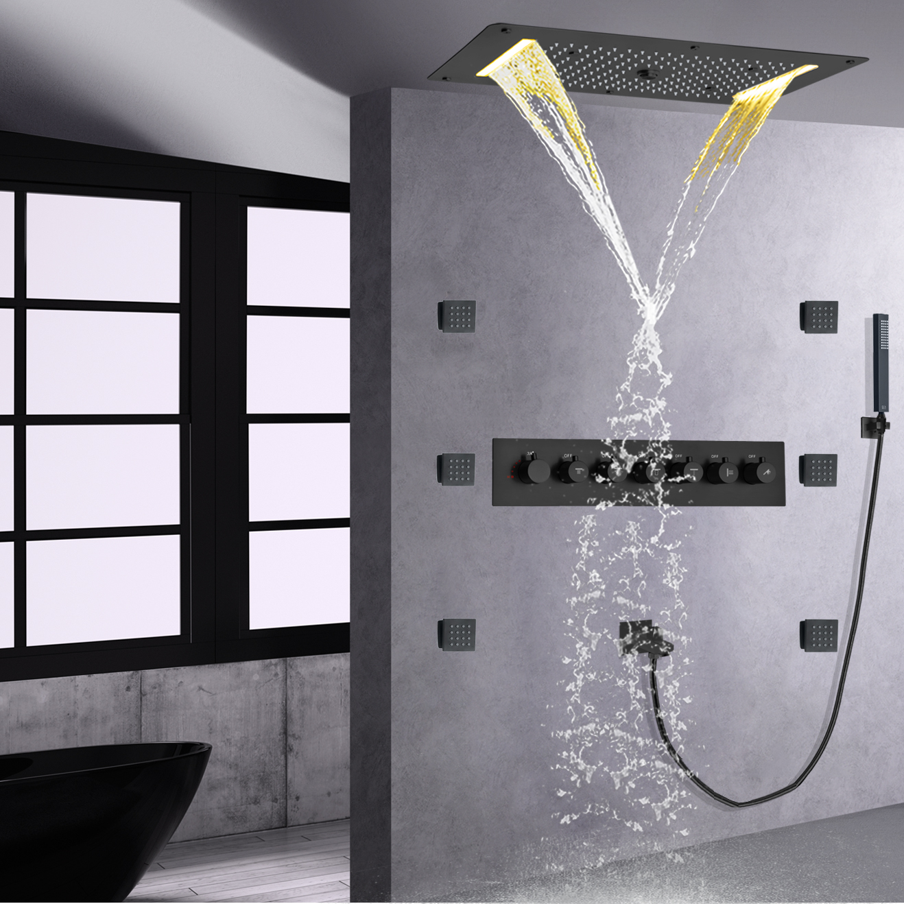 Matte Black LED Thermostatic High Flow Shower Mixer Set Bathroom Waterfall Mist Rain Handheld