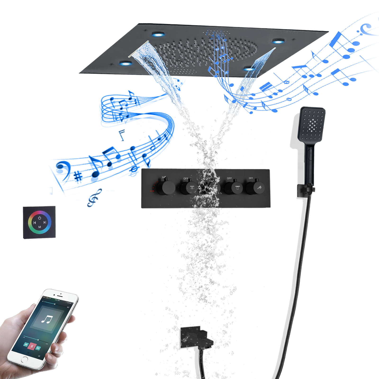 Thermostatic Bathroom 24 Inch Shower Set Concealed Ceiling Rainfall 304sus Waterfall Music LED Shower Head For Massaging Set