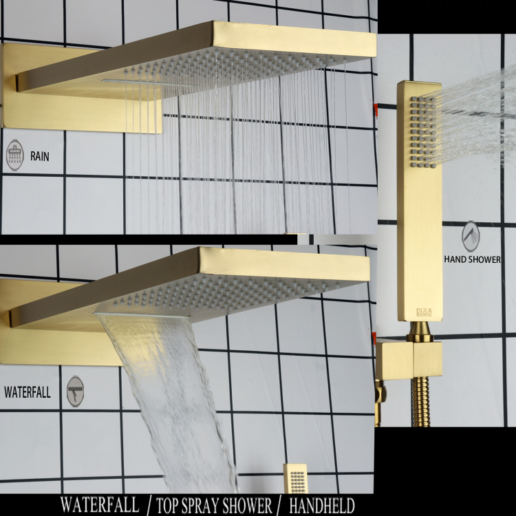 Brushed Gold Shower Faucet Set Ceiling Mounted 50X23CM Temperature Shower Head