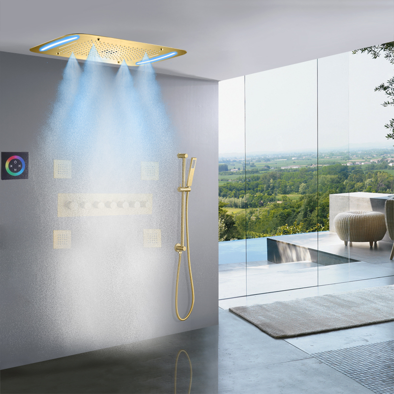 Luxury Brushed Gold Thermostatic Shower Faucet 710X430 MM LED Bathroom Rainfall Concealed Shower Head Set