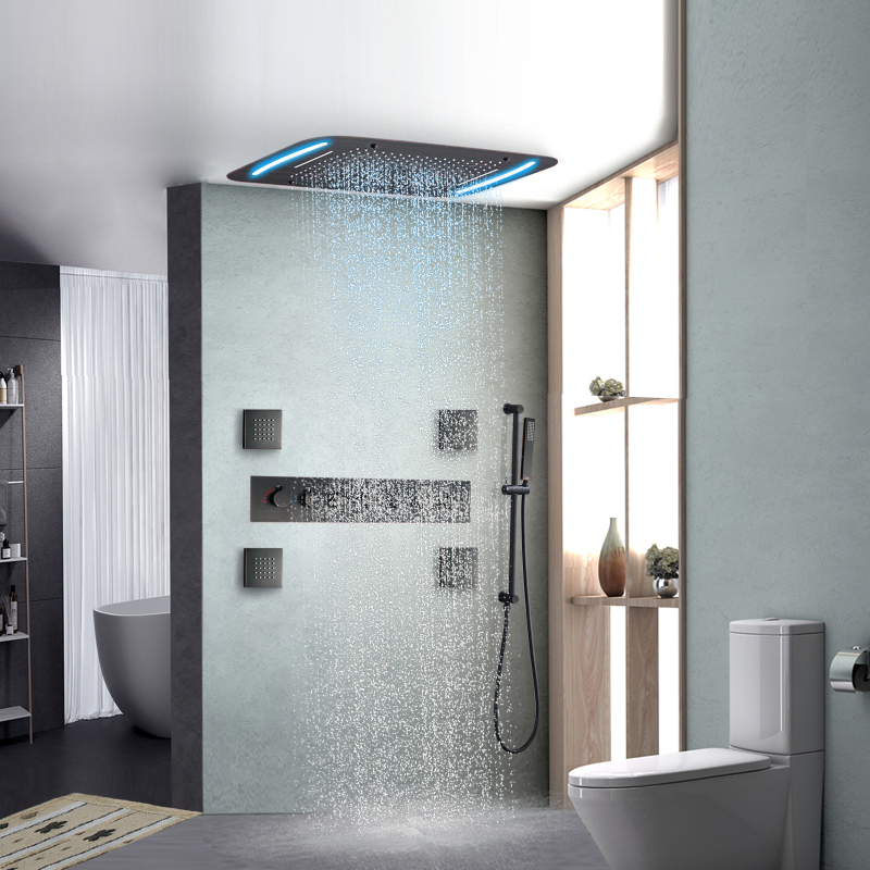 Oil Rubbed Bronze Thermostatic Shower Faucet 71X43 CM Luxury Bathroom LED Massage Rainfall Spray Shower Set