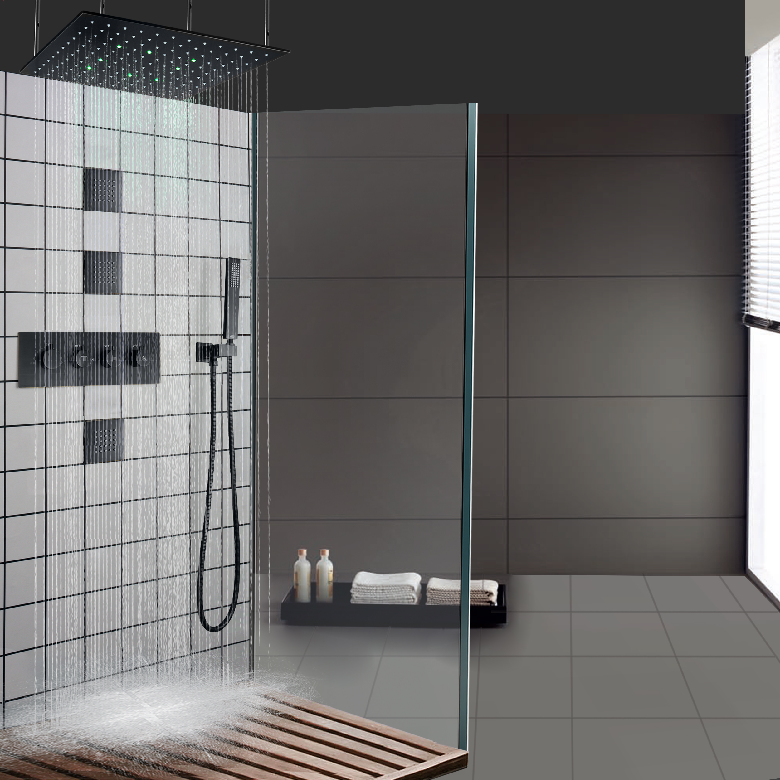 Matte Black Bathroom LED Shower Mixer Wall Mounted Rainfall Massage Handheld Panel Shower