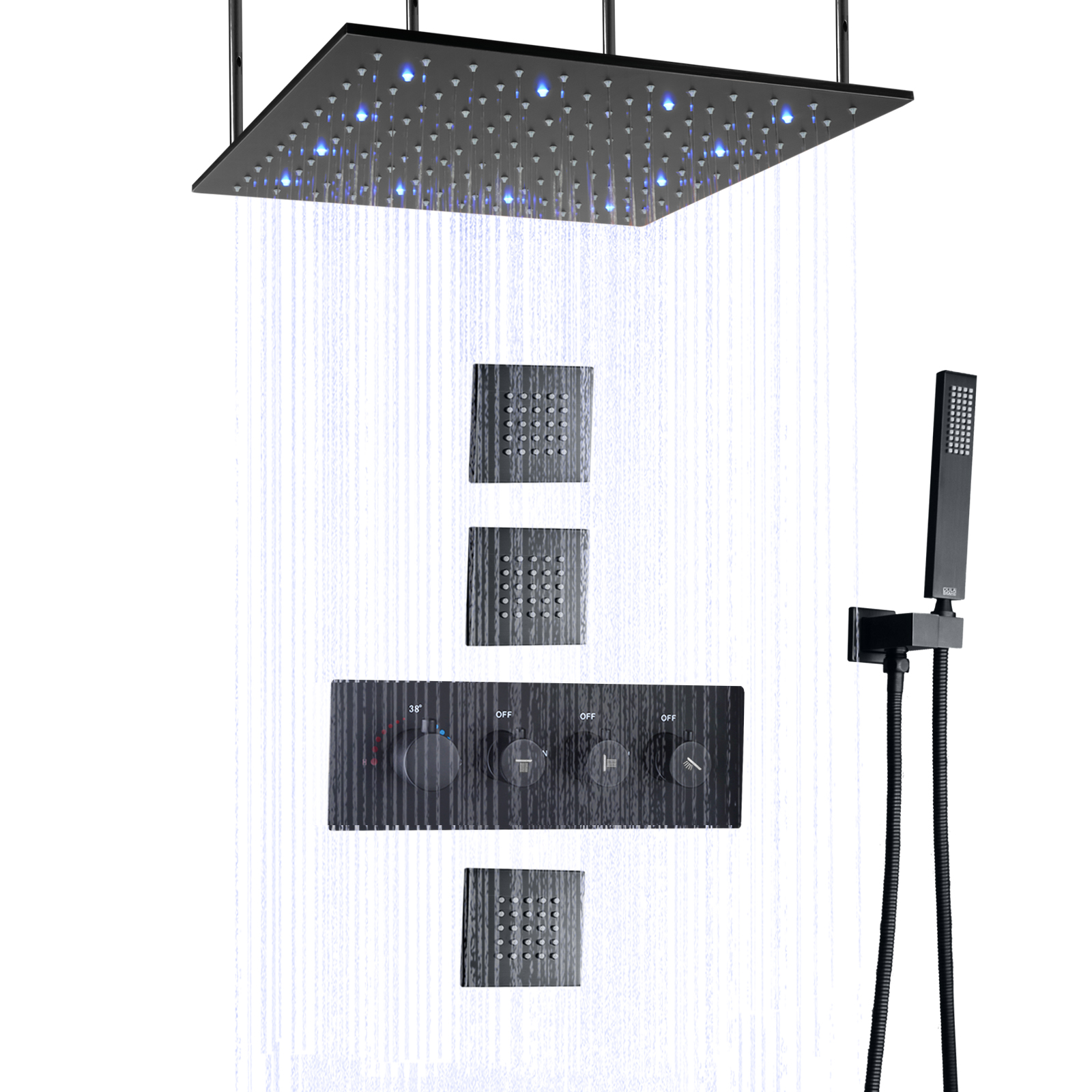 Matte Black Bathroom LED Shower Mixer Wall Mounted Rainfall Massage Handheld Panel Shower