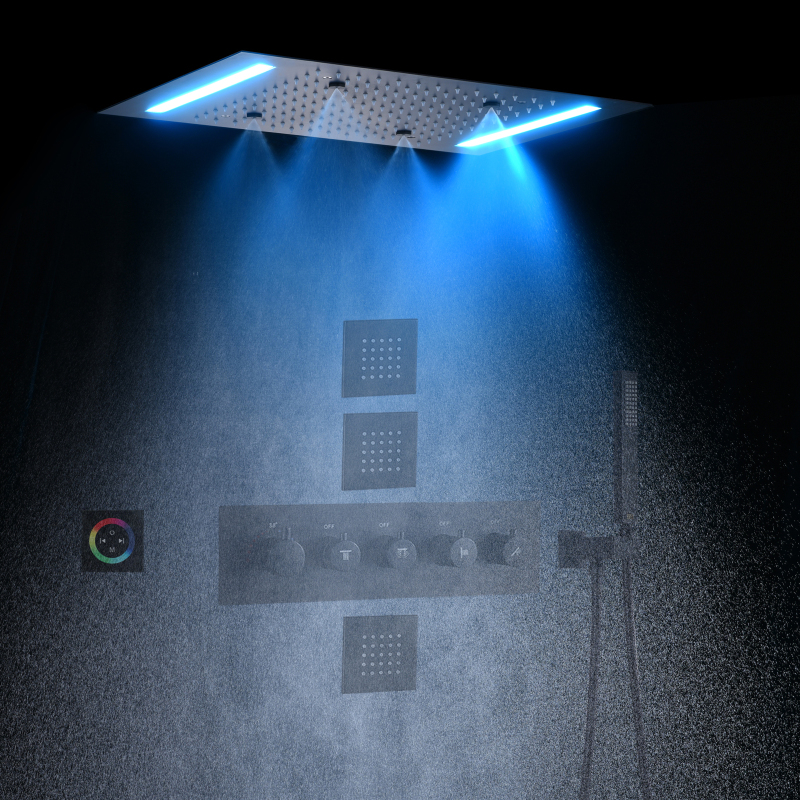 Matte Black Showers Combo Set 14 X 20 Inch LED Shower Head Brass Thermostatic Mist Shower